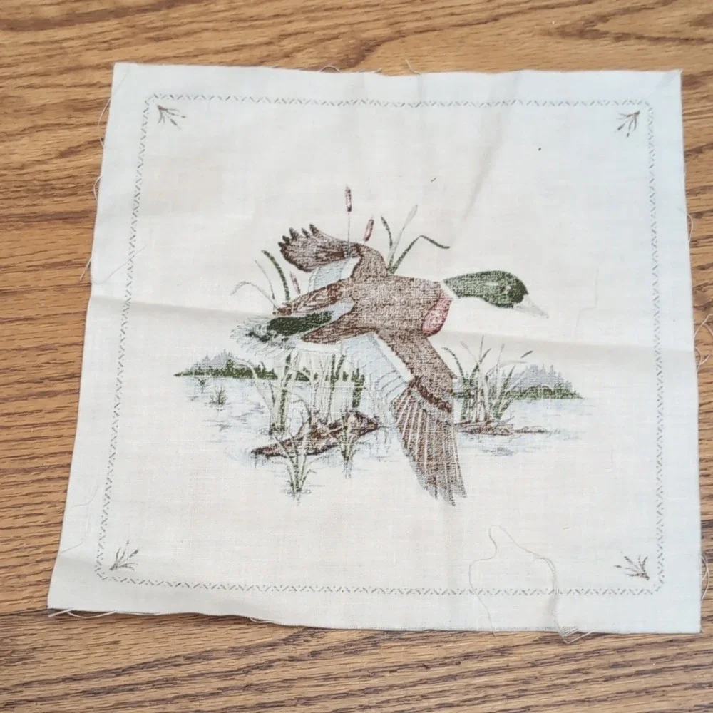 Mallard Duck Print Fabric Panel Embroidered Off-white Brown Green Blue